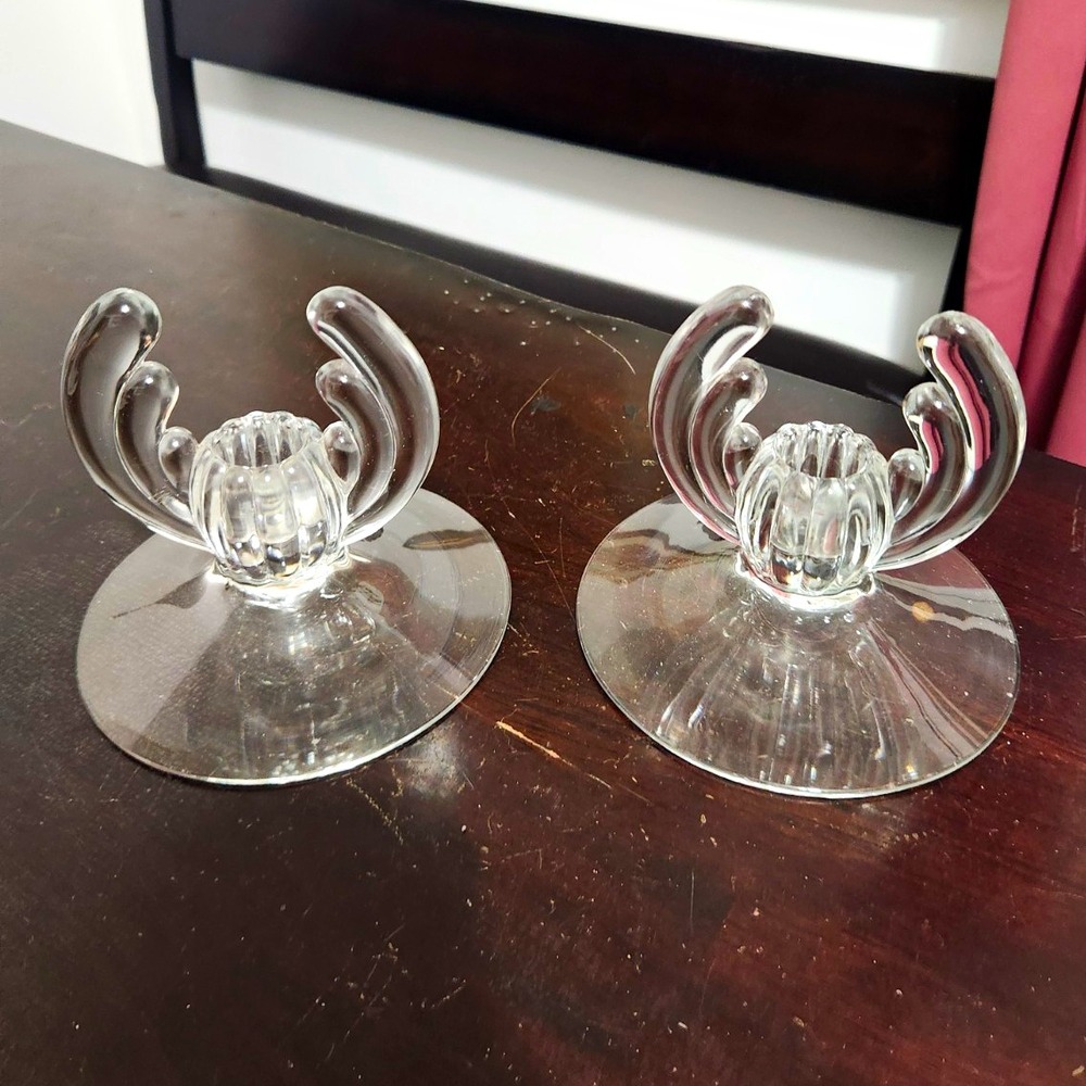 Art Deco Clear Glass Candle Holders Pair Set of 2, 4 in Tall